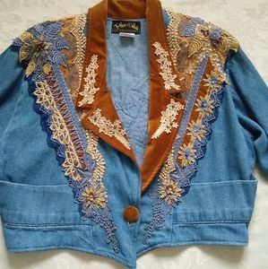 Denim velvet collar vintage cropped jacket embroidered sequins